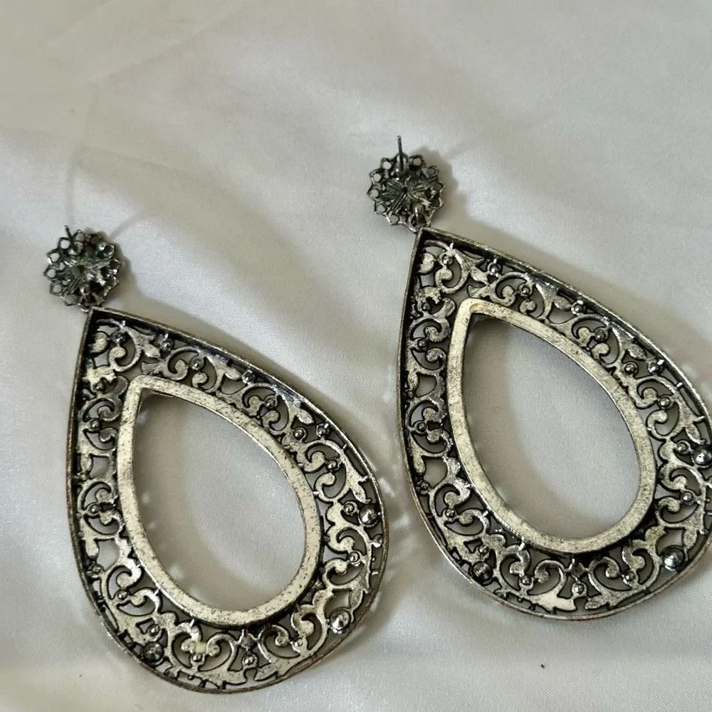 Large yellow silver tone rhinestone teardrop statement earrings